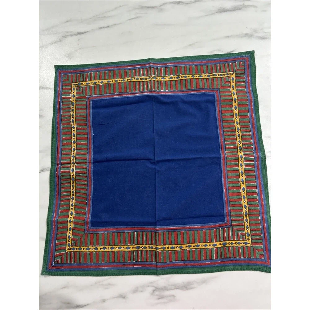 Vintage Pottery Barn Napkin Dish Towel Blue Boho Square Cotton India Batik Print